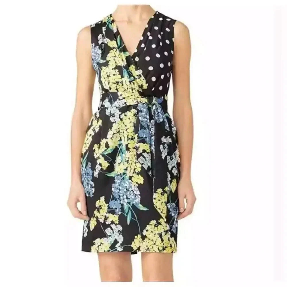 Slate & Willow Yellow Mixed-Media Floral Polka Dot Faux-Wrap Sheath V-neck 12
